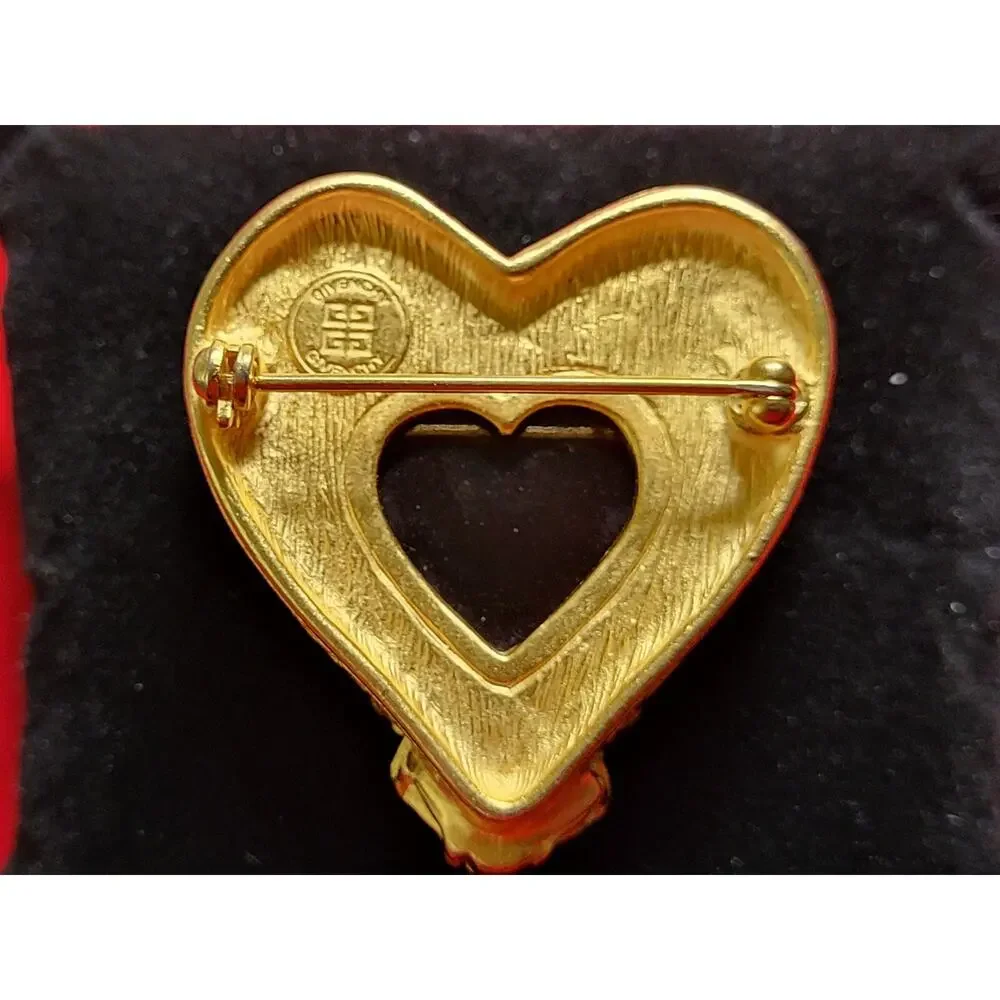 Givenchy Vintage Guardian Angel Cherub Red Lucid Heart Pin Brooch Gold Tone RARE